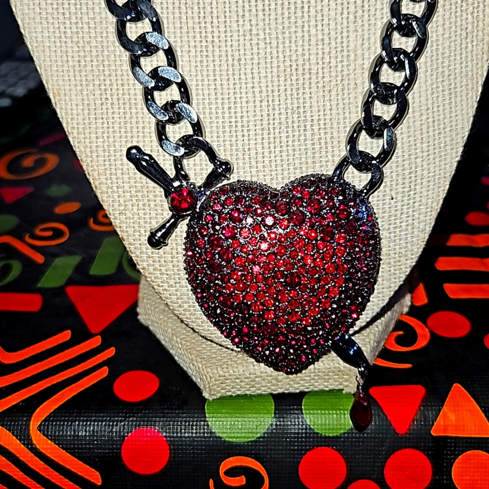 Betsey Johnson Hematite Tone Heart & Dagger Pendant Necklace Red Crystal Blood